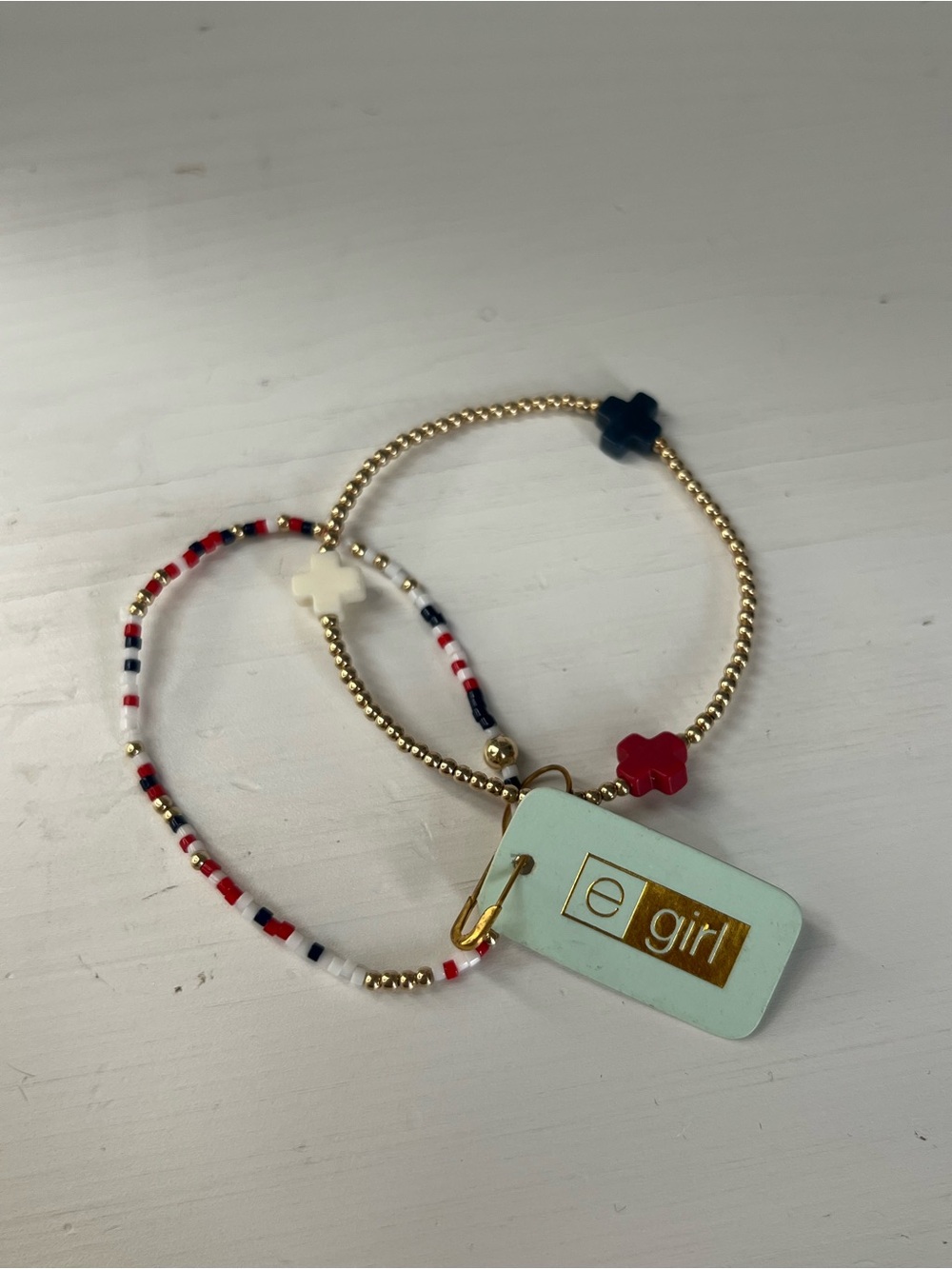 Egirl Enewton Bracelets Beaded Gold Red White & Blue Crosses Set
